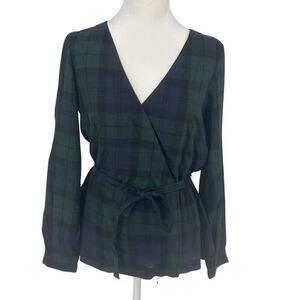 J.Crew Mercantile Black Watch Plaid Wrap Top Size 0 Belted V-Neck Peplum Blouse